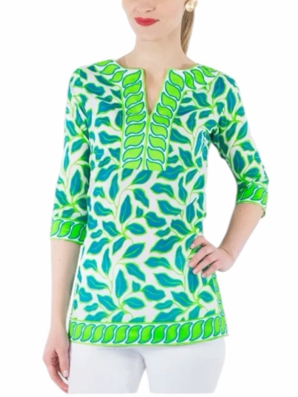 Gretchen Scott Green Blue Leaf Print Tunic Top Medium Cotton Preppy Resort